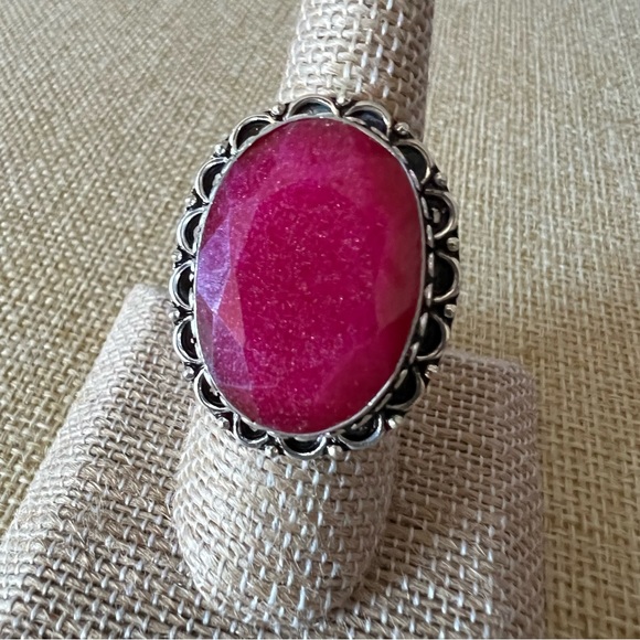 New Enhanced Faceted Ruby Silver Overlay Ring Size 7.5 - 7.75 - Picture 2 of 10